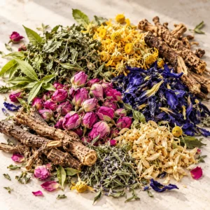 Assorted dried medicinal and aromatic herbs, flowers, leaves, and roots supplied in bulk by ACPFOOD