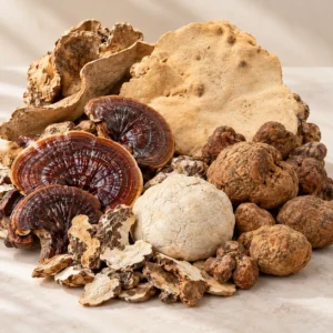 Artistic arrangement of dried medicinal fungi and mushrooms representing ACPFOOD bulk wholesale products.
